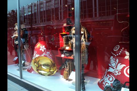Red pervades the old-fashioned M&S windows at Marble Arch